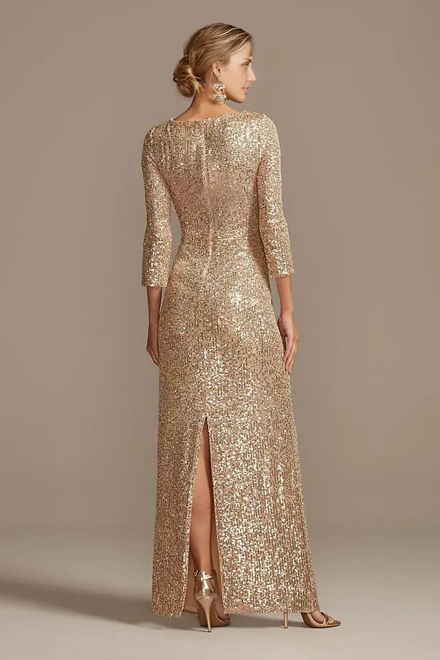 Vestido de madre de la novia, vestido de madre de la novia, escote en V, lentejuelas, corte columna, nudo favorecedor y mangas 3/4, para madre de la novia / Tiendas con vestidos de fiesta